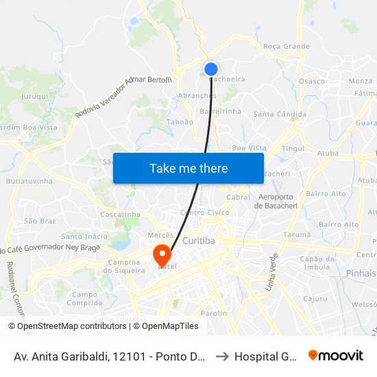 Av. Anita Garibaldi, 12101 - Ponto De Integração Temporal (Desembarque) to Hospital Geral De Curitiba map