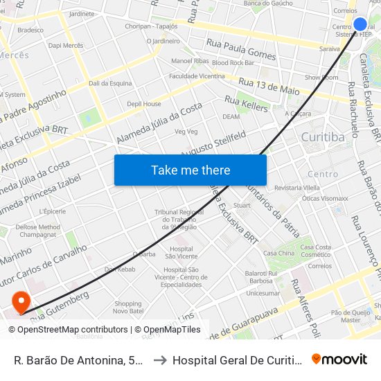 R. Barão De Antonina, 528 to Hospital Geral De Curitiba map