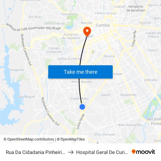 Rua Da Cidadania Pinheirinho to Hospital Geral De Curitiba map