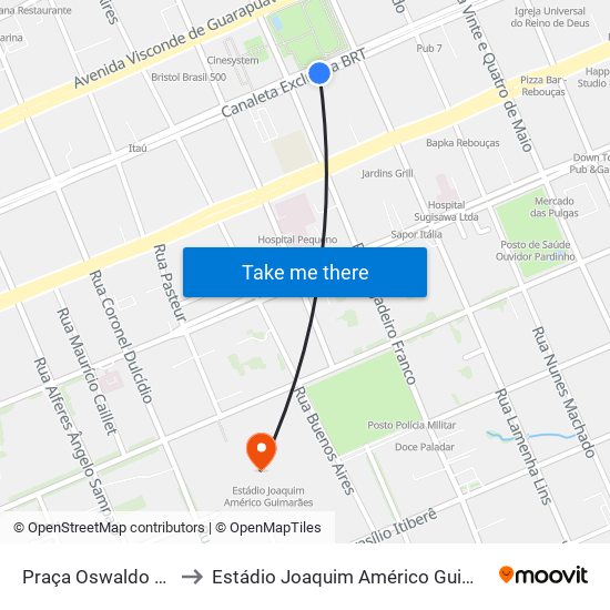 Praça Oswaldo Cruz to Estádio Joaquim Américo Guimarães map