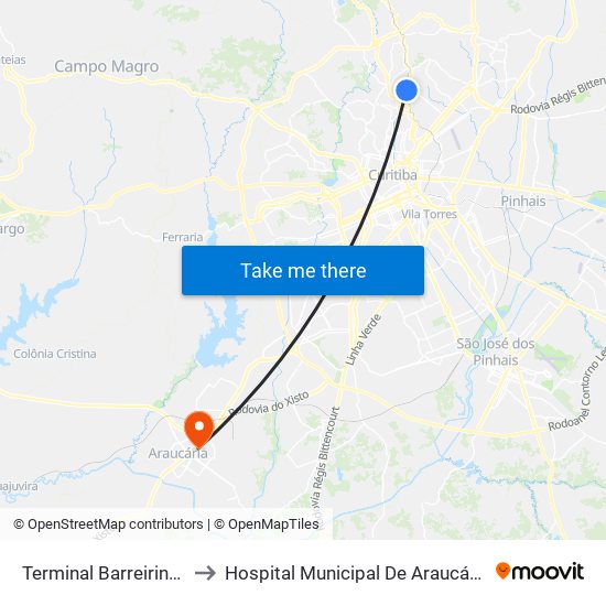 Terminal Barreirinha to Hospital Municipal De Araucária map