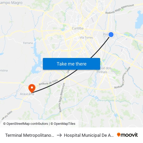 Terminal Metropolitano Pinhais to Hospital Municipal De Araucária map