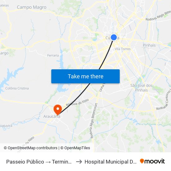 Passeio Público → Terminal Capão Raso to Hospital Municipal De Araucária map