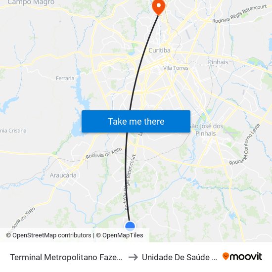 Terminal Metropolitano Fazenda Rio Grande to Unidade De Saúde Abranches map