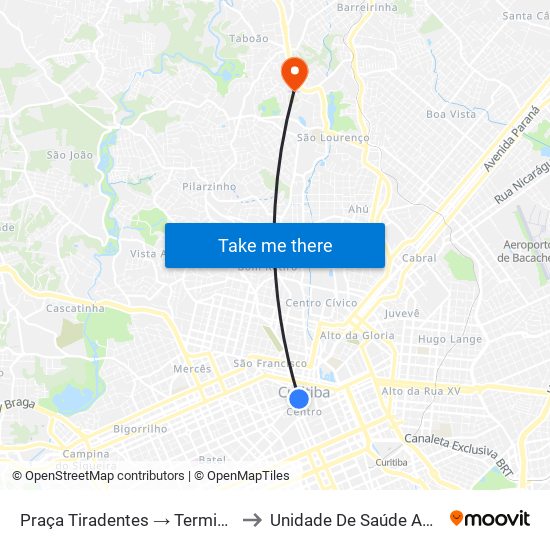 Praça Tiradentes → Terminal Pinhais to Unidade De Saúde Abranches map