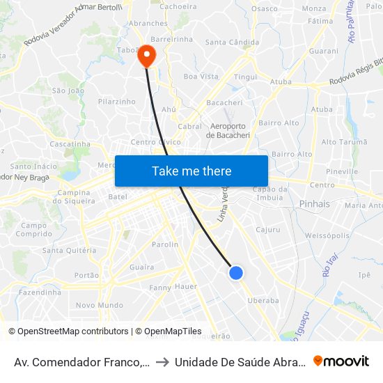 Av. Comendador Franco, 4700 to Unidade De Saúde Abranches map