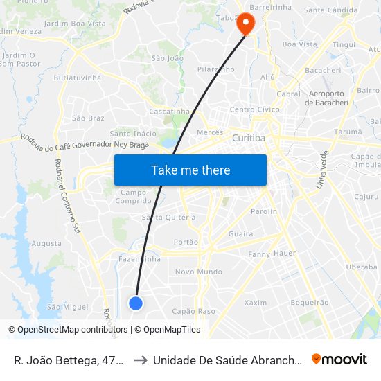 R. João Bettega, 4701 to Unidade De Saúde Abranches map