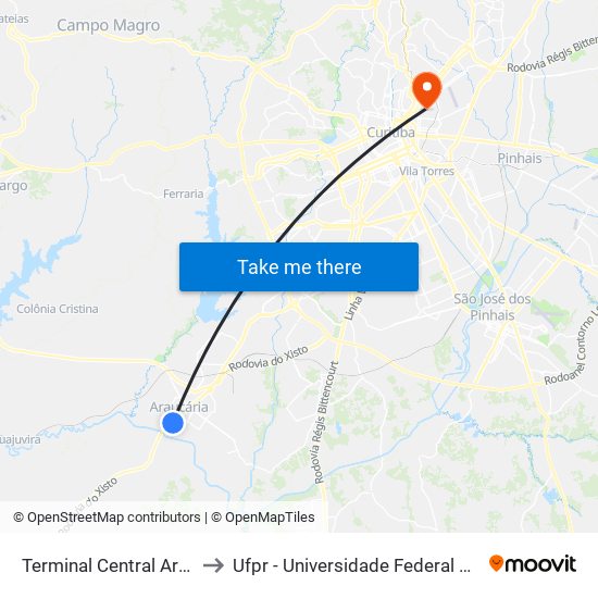 Terminal Central Araucária to Ufpr - Universidade Federal Do Paraná map