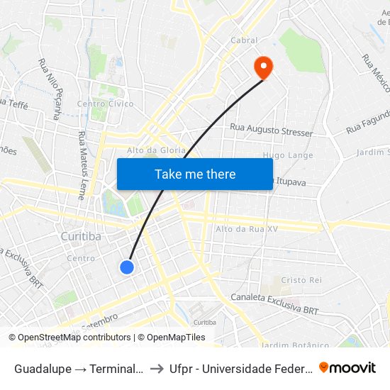 Guadalupe → Terminal Pinheirinho to Ufpr - Universidade Federal Do Paraná map