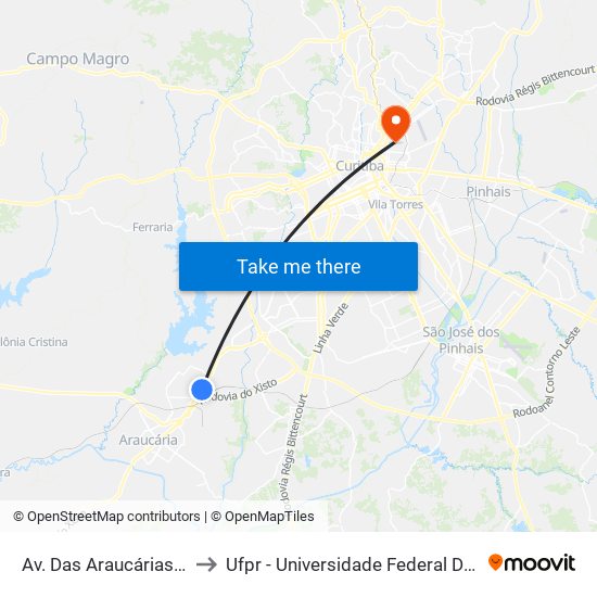 Av. Das Araucárias, 5568 to Ufpr - Universidade Federal Do Paraná map