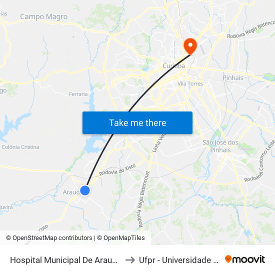 Hospital Municipal De Araucária → Terminal Central to Ufpr - Universidade Federal Do Paraná map