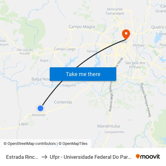 Estrada Rincão to Ufpr - Universidade Federal Do Paraná map