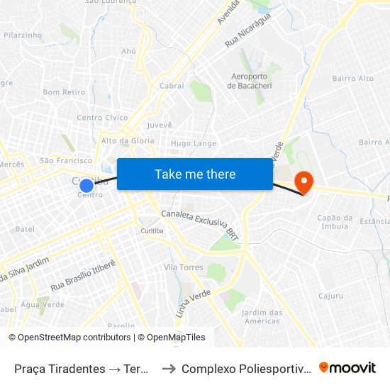 Praça Tiradentes → Terminal Pinhais to Complexo Poliesportivo Pinheirão map