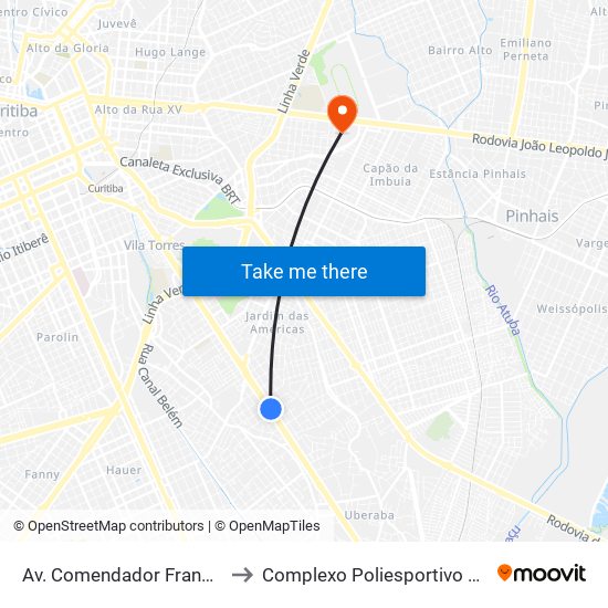 Av. Comendador Franco, 4485 to Complexo Poliesportivo Pinheirão map