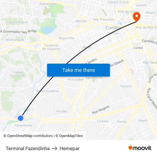 Terminal Fazendinha to Hemepar map