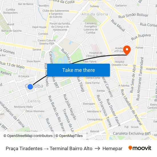 Praça Tiradentes → Terminal Bairro Alto to Hemepar map