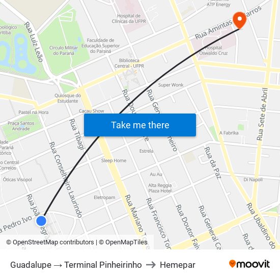 Guadalupe → Terminal Pinheirinho to Hemepar map