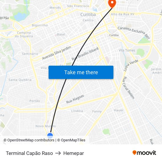 Terminal Capão Raso to Hemepar map