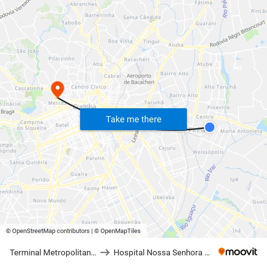 Terminal Metropolitano Pinhais to Hospital Nossa Senhora Das Graças map