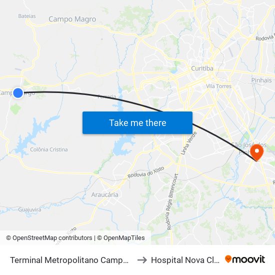 Terminal Metropolitano Campo Largo to Hospital Nova Clinica map