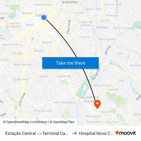 Estação Central → Terminal Capão Raso to Hospital Nova Clinica map