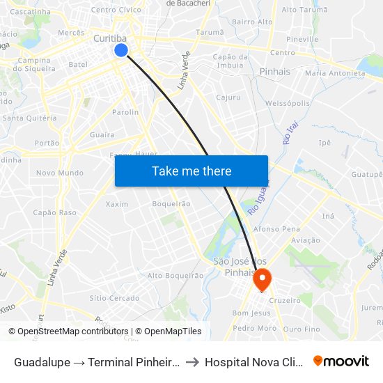 Guadalupe → Terminal Pinheirinho to Hospital Nova Clinica map