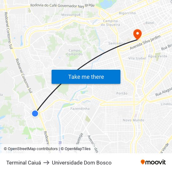 Terminal Caiuá to Universidade Dom Bosco map