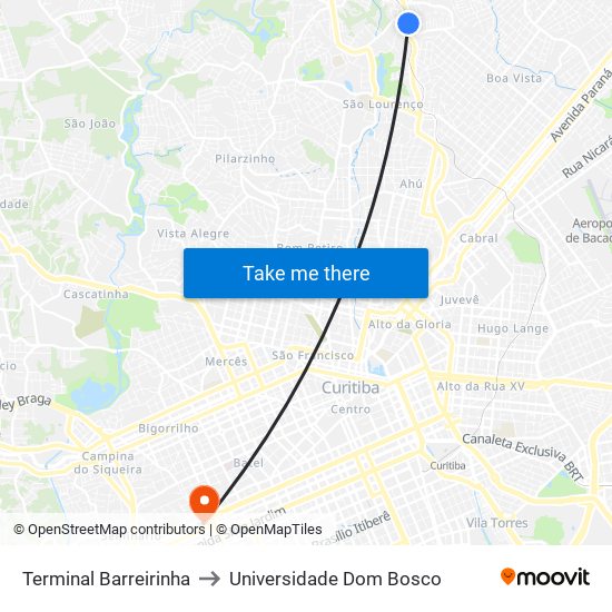 Terminal Barreirinha to Universidade Dom Bosco map