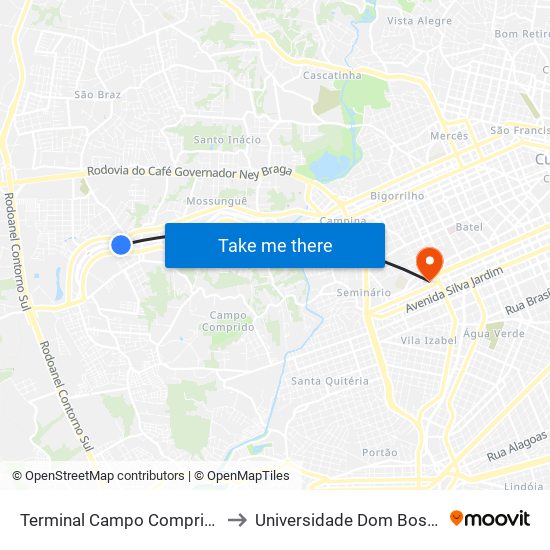 Terminal Campo Comprido to Universidade Dom Bosco map