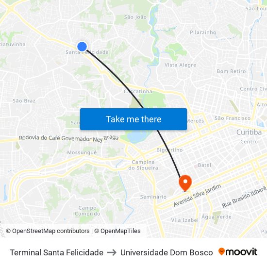 Terminal Santa Felicidade to Universidade Dom Bosco map