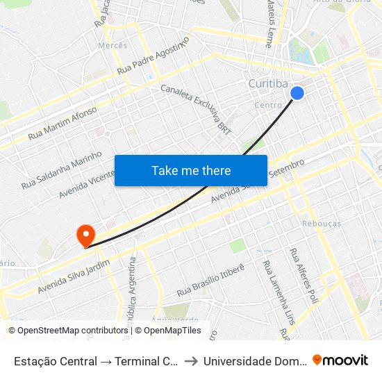 Estação Central → Terminal Capão Raso to Universidade Dom Bosco map