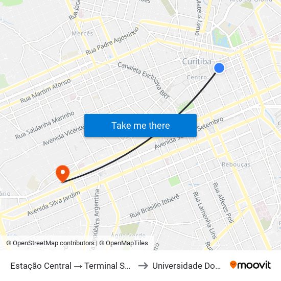 Estação Central → Terminal Santa Cândida to Universidade Dom Bosco map