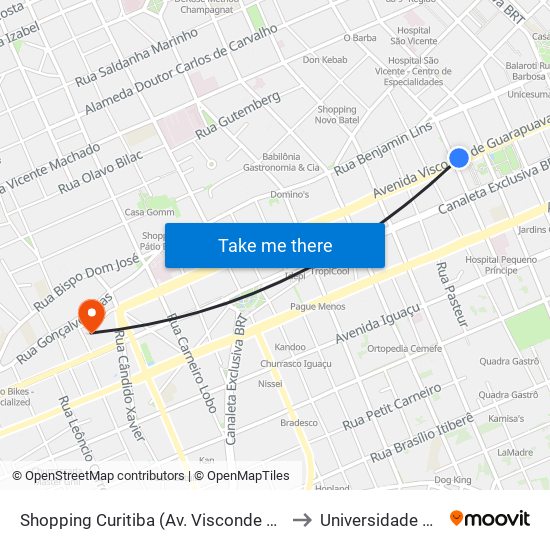 Shopping Curitiba (Av. Visconde De Guarapuava, 3850) to Universidade Dom Bosco map