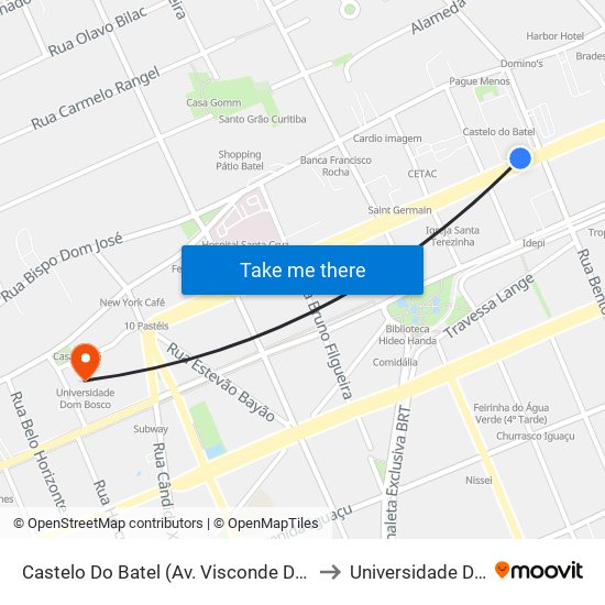 Castelo Do Batel (Av. Visconde De Guarapuava, 4610) to Universidade Dom Bosco map