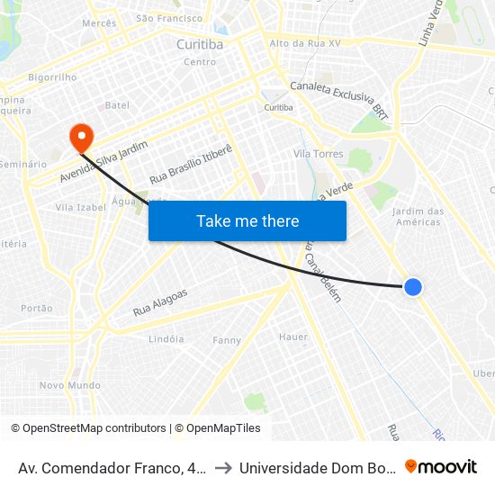 Av. Comendador Franco, 4485 to Universidade Dom Bosco map