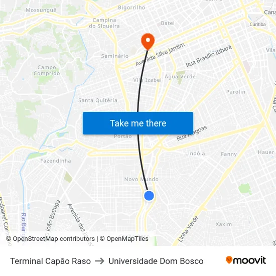 Terminal Capão Raso to Universidade Dom Bosco map