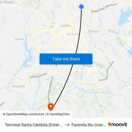 Terminal Santa Cândida (Externo) to Fazenda Rio Grande map