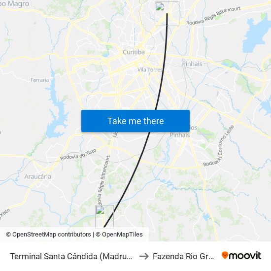 Terminal Santa Cândida (Madrugueiro) to Fazenda Rio Grande map