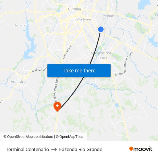 Terminal Centenário to Fazenda Rio Grande map