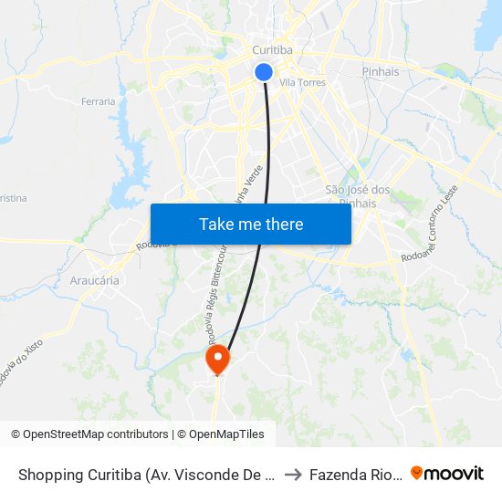 Shopping Curitiba (Av. Visconde De Guarapuava, 3850) to Fazenda Rio Grande map