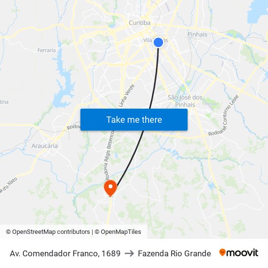 Av. Comendador Franco, 1689 to Fazenda Rio Grande map