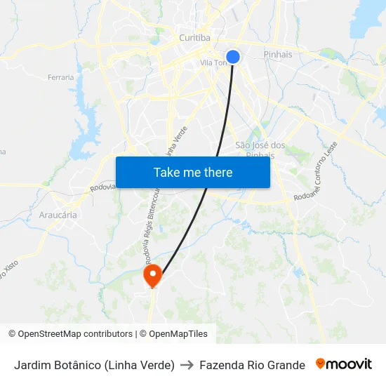 Jardim Botânico (Linha Verde) to Fazenda Rio Grande map