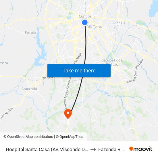 Hospital Santa Casa (Av. Visconde De Guarapuava, 3219) to Fazenda Rio Grande map