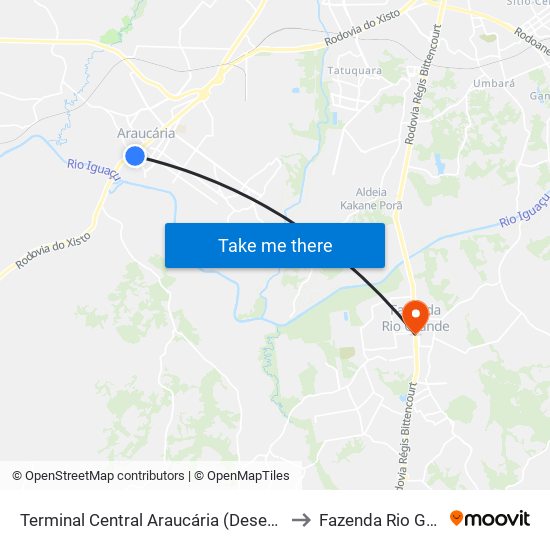 Terminal Central Araucária (Desembarque) to Fazenda Rio Grande map