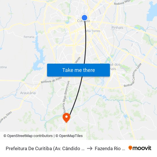 Prefeitura De Curitiba (Av. Cândido De Abreu, 707) to Fazenda Rio Grande map