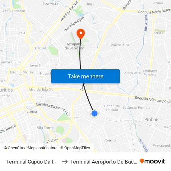 Terminal Capão Da Imbuia to Terminal Aeroporto De Bacacheri map