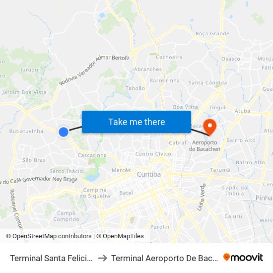 Terminal Santa Felicidade to Terminal Aeroporto De Bacacheri map