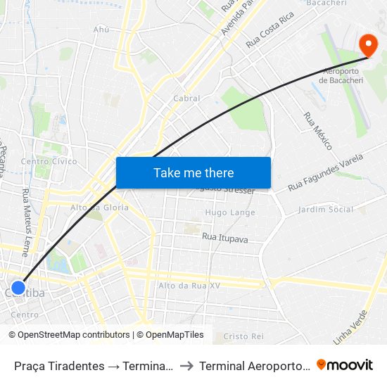 Praça Tiradentes (Nestor De Castro) to Terminal Aeroporto De Bacacheri map