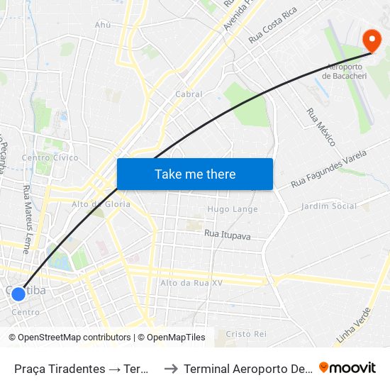 Praça Tiradentes → Terminal Pinhais to Terminal Aeroporto De Bacacheri map
