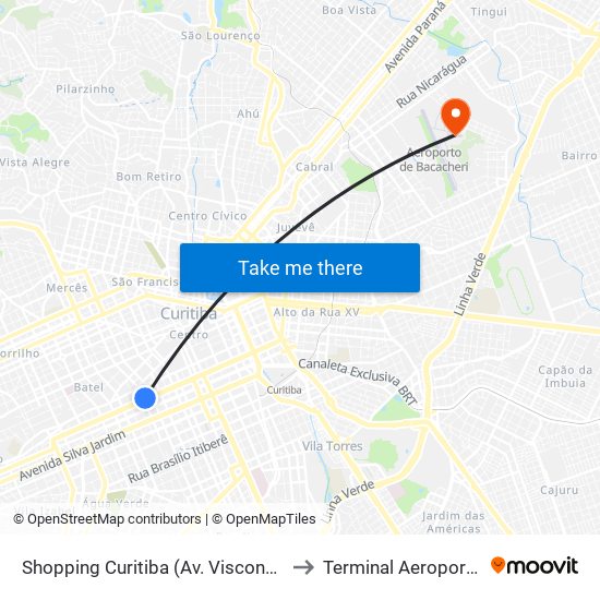 Shopping Curitiba (Av. Visconde De Guarapuava, 3850) to Terminal Aeroporto De Bacacheri map